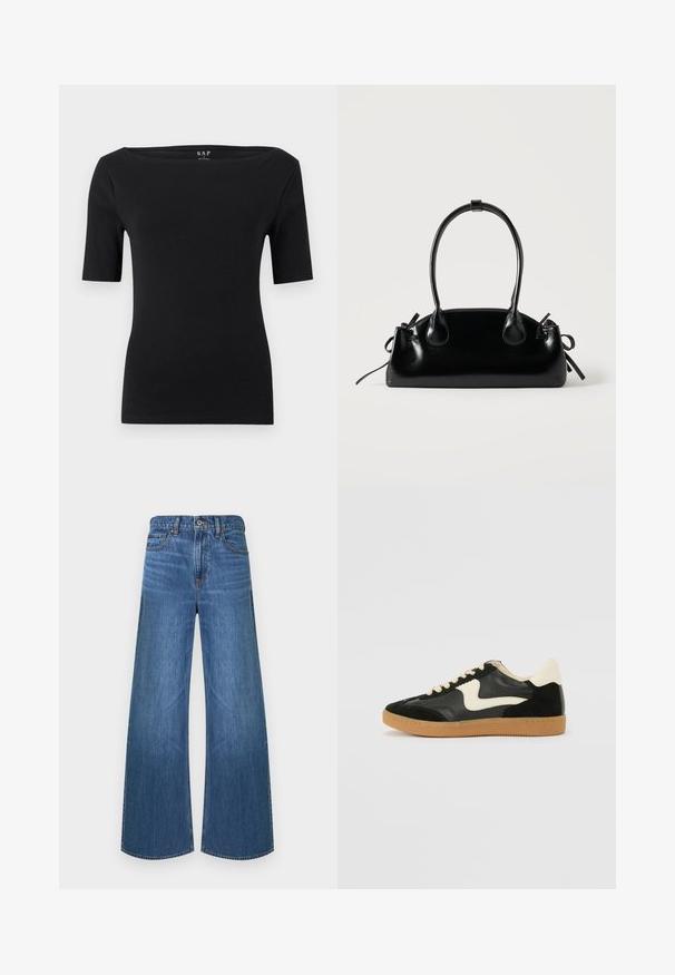 Haut noir moulant à manches courtes avec encolure bateau, en tissu lisse, étiquette taille petite, présenté sur un fond clair uni.; Jean denim bleu à jambes larges avec bouton avant et fermeture éclair, style cinq poches, et passants pour ceinture, présenté sur un fond blanc.; Baskets en daim et cuir noir avec un swoosh latéral crème et un talon crème clair. Dotées de lacets beige et d'une semelle en caoutchouc gomme.; Petit sac à main noir brillant avec deux longues anses et des détails à cordon sur les côtés sur un fond clair uni.
