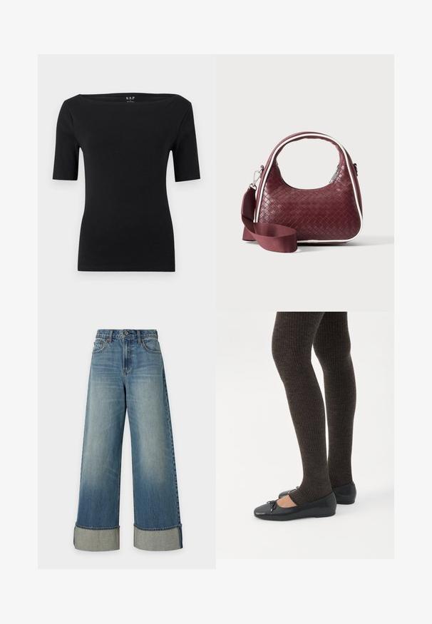 Haut noir moulant à manches courtes avec encolure bateau, en tissu lisse, étiquette taille petite, présenté sur un fond clair uni.; Jean en denim bleu à jambes larges, taille haute, bouton et fermeture éclair devant, poches et larges revers aux chevilles.; Jambes portant des leggings côtelés foncés associés à des ballerines noires avec de petits détails en nœud sur fond blanc.; Sac à main en cuir tressé marron foncé avec poignée courbée, garniture blanche, fermeture éclair argentée et bandoulière large en tissu amovible sur fond uni.
