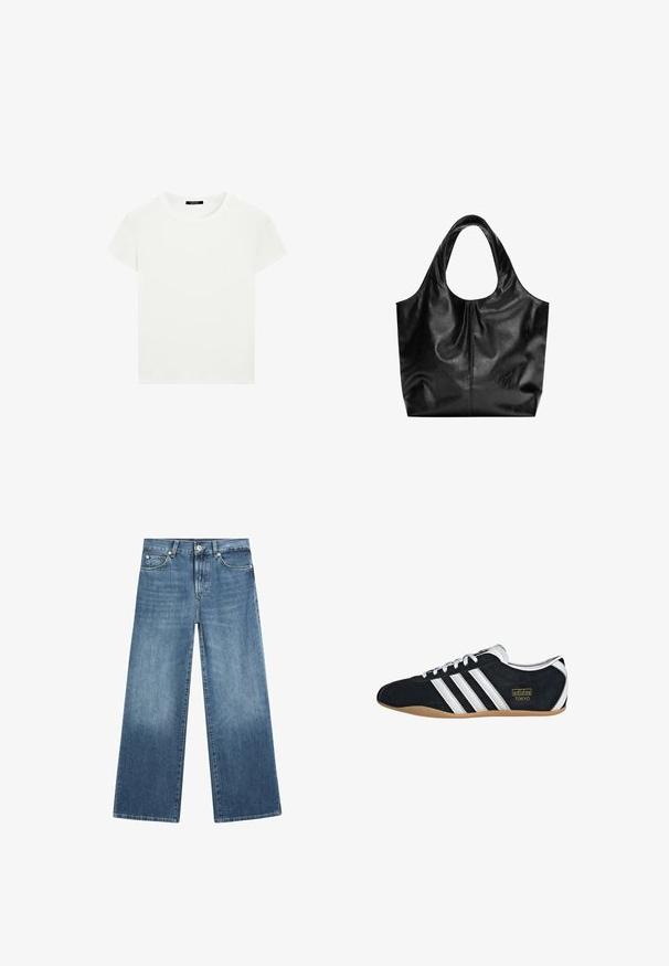 Effen witte T-shirt met korte mouwen en een ronde hals, met een slim fit, vlak weergegeven tegen een witte achtergrond.; Blauwe wijd uitlopende spijkerbroek met knoopsluiting voor, ritssluiting, riemlussen en voor- en achterzakken.; Zwarte suède sneaker met witte drie strepen, gouden logo en een bruine rubberen zool. Heeft een laag profiel vetersluiting ontwerp.; Zwarte leren tote bag met een gladde textuur, een zachte ronde bovenkant en brede handvatten. Kenmerkt zich door minimale stiksels en een slungelige silhouet.