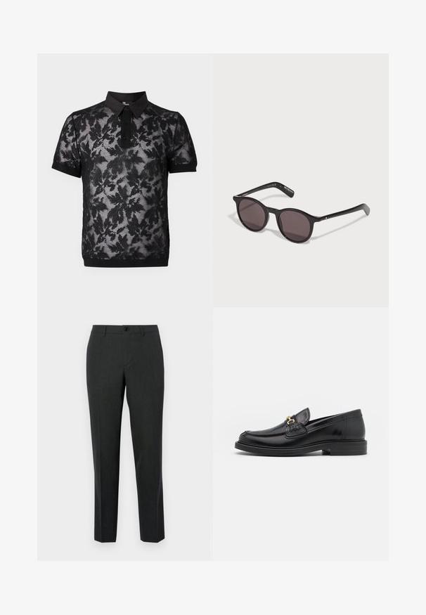 The Kooples PULL - Polo - black; Pantalones oscuros gris oscuro a medida, fabricados con un tejido suave, que cuentan con un diseño de pierna recta, bolsillos delanteros y un cierre de un solo botón.; Mocasines de cuero negro con punta redondeada, que cuentan con un detalle de herrajes dorados y costuras, situados sobre una suela de goma texturizada y baja.; Gafas de sol redondas negras con lentes oscuros, un armazón de plástico suave y varillas delgadas con un detalle de agarre texturizado.