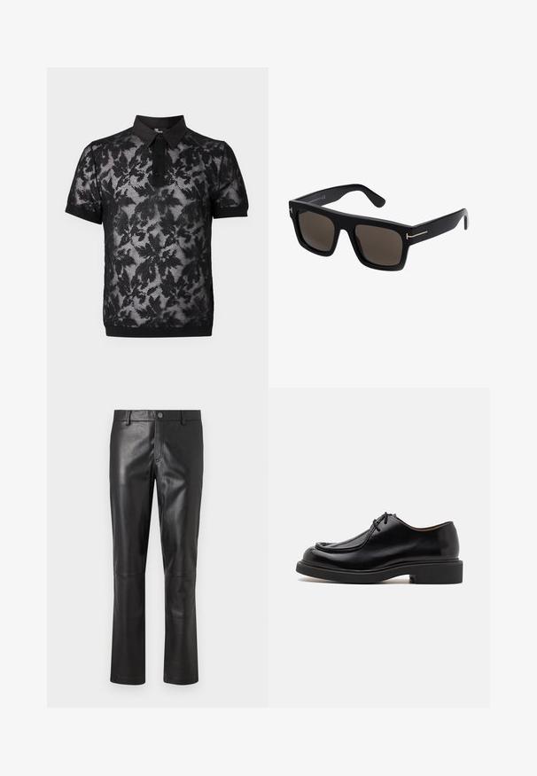 The Kooples PULL - Polo - black; Pantalones de cuero negro con una textura suave, diseño de pierna recta y costuras sutiles a lo largo de las costuras. Presenta un cierre de botón en la cintura.; Zapato de cuero negro con punta redondeada, detalles de costura, cordones mínimos y suela de goma gruesa para tracción y durabilidad.; Gafas de sol cuadradas negras con lentes oscuros, con detalles en tono dorado en las varillas y una textura de plástico suave.