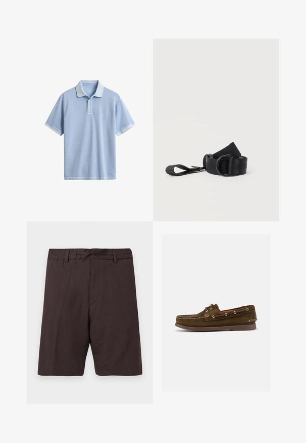 Polo de manga corta de color azul claro con cuello, tapeta de dos botones y logo sutil en el pecho izquierdo sobre un fondo blanco liso.; Pantalones cortos de color marrón oscuro hasta la rodilla con cintura ajustable con cordón y trabillas para cinturón, con un diseño simple y limpio sobre un fondo blanco.; Zapato náutico de cuero de ante marrón con puntera mocasín, cordones delanteros, ojales de metal y suela de goma marrón, mostrado en perfil lateral.; Correa negra ajustable con hebilla en forma de D y extremo con lazo, hecha de tela tejida, enrollada sobre fondo blanco.