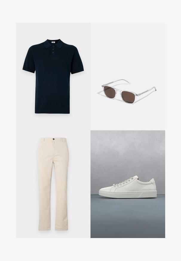 Polo shirt bleu marine à manches courtes, avec un tissu texturé, un plastron à trois boutons et un col et des poignets en tricot.; Pantalons en coton beige clair avec une coupe droite, dotés d'une fermeture à bouton à l'avant, d'une braguette zippée et de détails de couture minimalistes.; Baskets en cuir blanc avec un bout arrondi, design minimaliste, lacets gris et semelle en caoutchouc gris texturé. Détails de couture subtils visibles.; Lunettes de soleil en plastique transparent avec des verres marron rectangulaires, dotées de branches fines et transparentes ainsi que d'accents en métal sur les tempes.