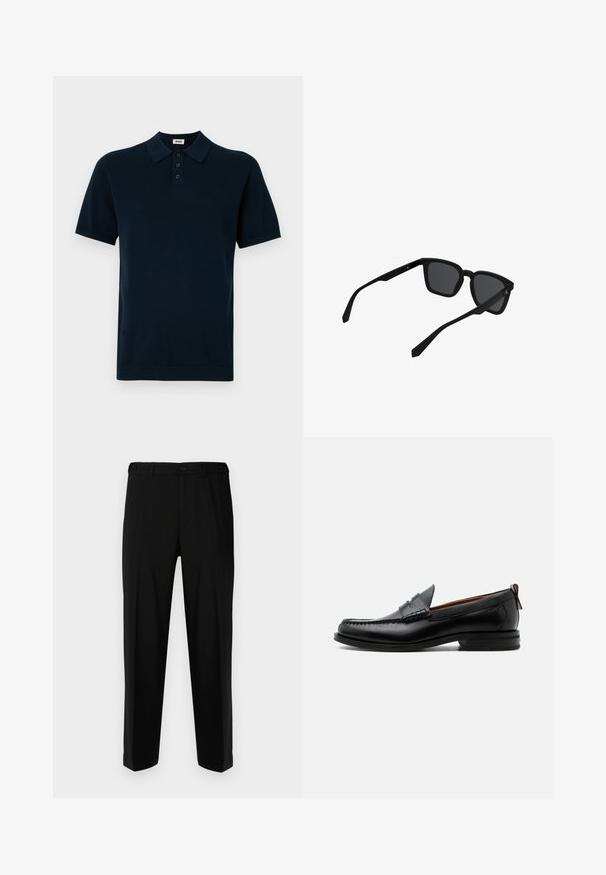 Polo shirt bleu marine à manches courtes, avec un tissu texturé, un plastron à trois boutons et un col et des poignets en tricot.; Pantalon noir en tissu lisse, présentant une coupe droite, deux poches avant et une fermeture à glissière avec bouton.; Mocassin homme en cuir noir avec couture moc toe, bride penny, col texturé et petit talon empilé sur fond blanc.; Lunettes de soleil rectangulaires noires avec une monture épaisse et des verres foncés, présentées légèrement inclinées sur un fond blanc.