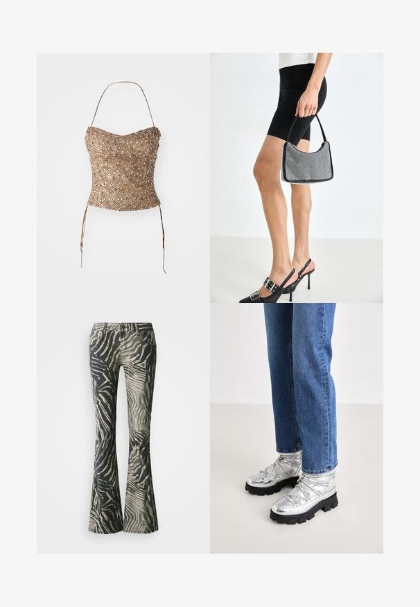 Flettet strapless topp i gull, med en teksturert, paljettert overflate og midjebånd for justerbar passform. Glatt, tettsittende silhuett.; Utsvingte jeans i et svart og beige zebramønster, laget av denimmateriale, med fem lommer og synlige sømmer.; Metalliske sølv ankelstøvler med en røff svart såle, med polstret overdel og snøring, kombinert med blå rettskårne jeans.; Svart perleveske med en buet silhuett, bærehåndtak og blank overflate. Båret med høye svarte sko og tettsittende svarte shorts.