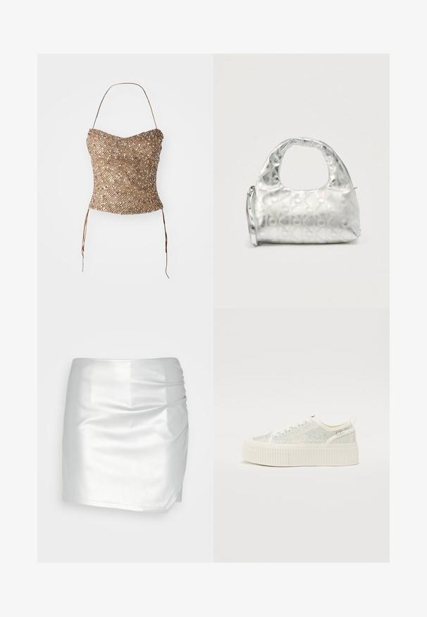 Flettet strapless topp i gull, med en teksturert, paljettert overflate og midjebånd for justerbar passform. Glatt, tettsittende silhuett.; Even&Odd by Zalando Shorts - silver; Hvite plattform sneakers med en teksturert overdel som har iriserende detaljer og en tykk ribbet såle. Snøring og en løfteløkke bak.; Sølv håndveske med et teksturert mønster av geometriske former og sirkler, med et rundt håndtak og en avtagbar stropp.