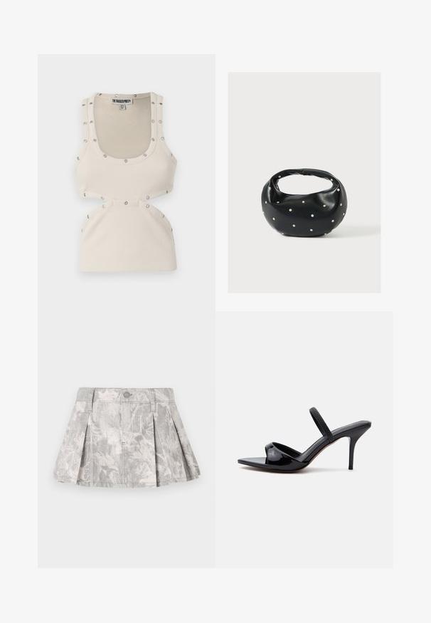 Débardeur blanc à côtes avec une coupe ajustée, présentant des accents en métal argenté le long des épaules et des découpes à la taille.; Jupe en denim gris avec des plis, arborant un motif de feuilles subtil dans des teintes plus claires. Coupe classique avec une taille et une fermeture à bouton en métal.; Sandale à talon en cuir verni noir avec talon stiletto fin, bout carré et fine bride sur le cou-de-pied, présentée sur fond blanc.; Sac à main en cuir noir de forme arrondie, décoré de clous argentés et équipé d'une poignée courte. Texture lisse et fermeture éclair.