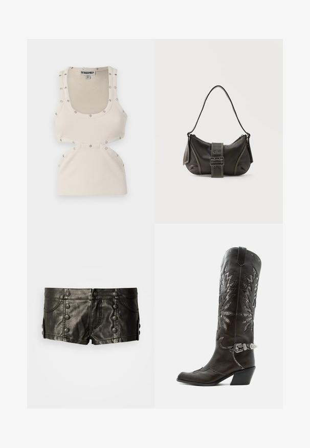 Débardeur blanc à côtes avec une coupe ajustée, présentant des accents en métal argenté le long des épaules et des découpes à la taille.; Shorts en cuir noir taille basse avec boutons métalliques décoratifs sur le devant et les côtés, dotés de poches avant et de détails de couture.; Botte de cowboy en cuir noir avec découpes décoratives, boucle argentée et talon incliné, présentée sur fond blanc.; Sac à épaule en cuir noir avec une sangle à boucle, des bords arrondis et des coutures blanches contrastées sur un fond uni.