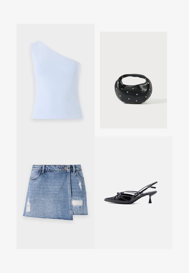 Lichtblauw, one-shoulder top gemaakt van zachte stof, met zilveren sterversieringen langs de halslijn en een getailleerde silhouet.; Lichtblauw denim minirok met vervaagde plekken en versleten details. Heeft een frontale knoopsluiting en een traditionele vijf-pocket design.; Zwarte slingback pump van lakleer met een spits toelopende neus, lage kittenhak en decoratieve knoopstrik aan de voorkant.; Zwarte leren handtas met een afgeronde vorm, versierd met zilveren studs, en een korte handgreep. Gladde textuur en ritsluiting.