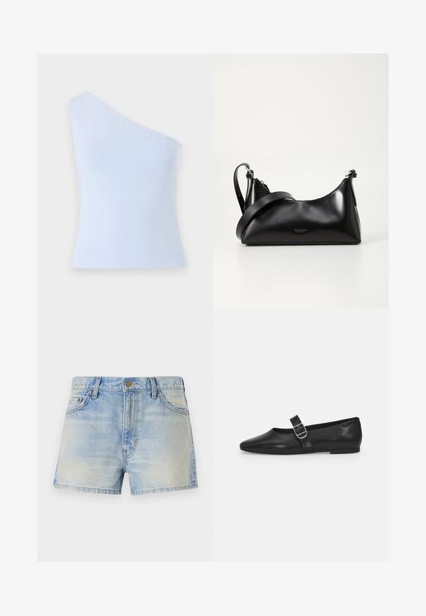 Lichtblauw, one-shoulder top gemaakt van zachte stof, met zilveren sterversieringen langs de halslijn en een getailleerde silhouet.; Lichtblauwe denim shorts met een hoge taille, voorzien van twee voorzakken en subtiele vervaging voor een versleten uitstraling. Metalen knoopsluiting.; Zwarte leren platte schoen met een ronde neus, een enkele verstelbare gespsluiting en een gladde, glanzende textuur. Minimalistisch ontwerp met een lage hak.; Zwarte leren handtas met een gladde textuur. Beschikt over een verstelbare schouderband en een strak, minimalistisch ontwerp met een ritssluiting.