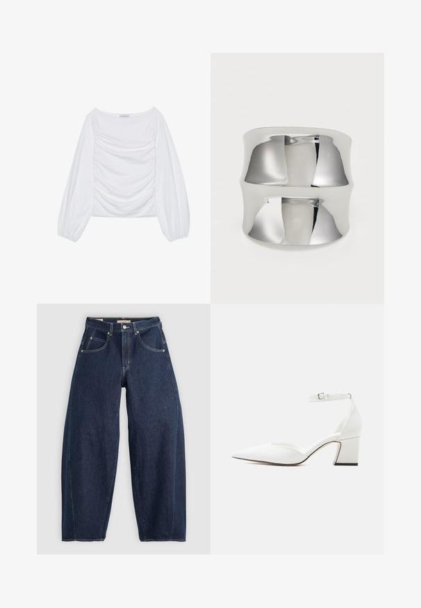 Top de manga larga blanca con un escote amplio y detalles fruncidos en el frente. Confeccionado en una tela suave y con mangas voluminosas.; Jeans de mezclilla azul oscuro con un ajuste holgado, costuras claras, cinco bolsillos y un cierre de botón en la cintura.; Zapato blanco de punta estrecha y tacón medio con correa en el tobillo y hebilla, acabado liso, y tacón ancho sobre un fondo claro liso.; Anillo de puño de plata con una superficie lisa y reflectante. Presenta un diseño curvado y una banda ancha, creando un aspecto moderno y minimalista.