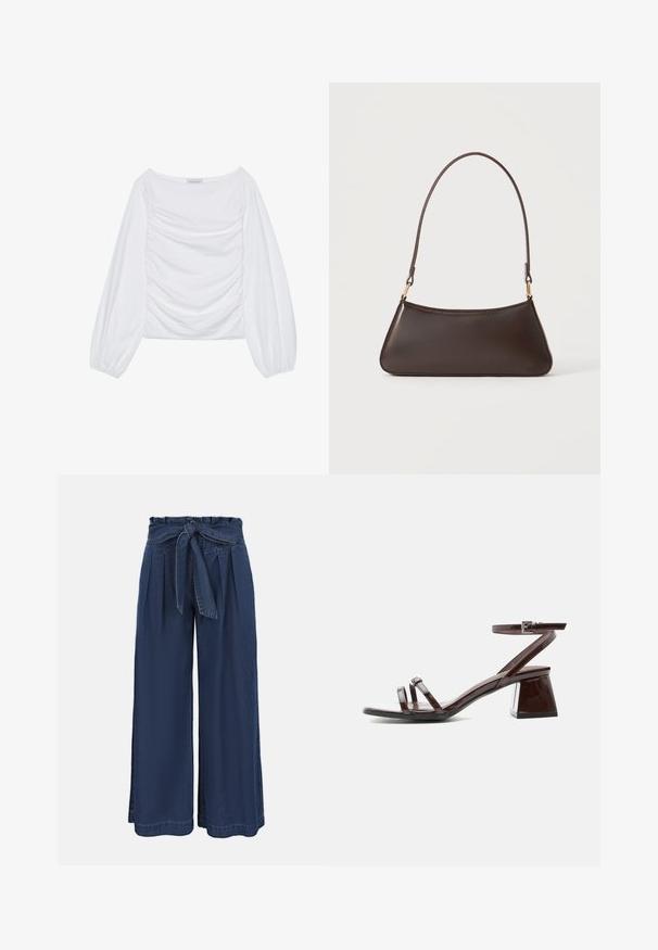 Top de manga larga blanca con un escote amplio y detalles fruncidos en el frente. Confeccionado en una tela suave y con mangas voluminosas.; Pantalones azul marino de tiro alto y pierna ancha con pliegues delanteros y cinturón de tela anudado en la cintura.; Sandalia de charol marrón oscuro con tacón bloque, tira en el tobillo con hebilla y dos tiras finas sobre los dedos, sobre fondo blanco.; Bolso de mano de piel marrón oscura con cremallera superior curva y una correa fina para el hombro con cierres dorados sobre un fondo liso.