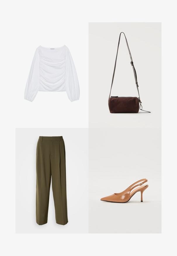 Top de manga larga blanca con un escote amplio y detalles fruncidos en el frente. Confeccionado en una tela suave y con mangas voluminosas.; Pantalones de pierna ancha verde oliva, confeccionados con una tela suave, que cuentan con una cintura alta, pliegues en la parte delantera y bolsillos laterales para mayor funcionalidad.; Zapato de tacón tipo slingback con punta afilada en un material suave y brillante de color marrón. Presenta un diseño con corte curvado y un tacón de aguja delgado. Detalle de hebilla plateada.; Bolso bandolera cilíndrico de ante marrón oscuro con correa delgada de cuero ajustable y cierre con cremallera superior.