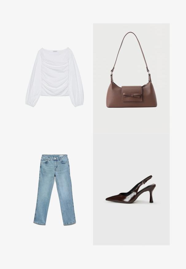 Hvid langærmet bluse med bred udskæring og indsamlet detalje på forsiden. Fremstillet af blødt stof med luftige ærmer.; Lyseblå denimjeans med et lige ben-design, fem lommer og knaplukning. Glat tekstur med minimal falmning.; Brune patenterede læderslingback-sandaletter med spids tå, en tynd hæl og justerbar rem med en lille spænde.; Brun skuldertaske i læder med en frontlomme med klap, der har en sydd sløjfedetalje, og en justerbar rem.