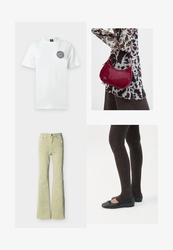 Hvit bomull T-skjorte med et sirkulært svart og grønt logo på venstre bryst. Klassisk rund hals og korte ermer med en glatt tekstur.; Lysegrønne vide jeans med knapp- og glidelås-lukking, lommer foran og bak, og beltehemper på hvit bakgrunn.; Bein iført mørke ribbestrikkede leggings kombinert med svarte ballettsko med små sløyfedetaljer på hvit bakgrunn.; Kvinne som har på seg en svart-hvitt mønstrete bluse og holder en blank rød skulderveske mot en ensfarget bakgrunn.