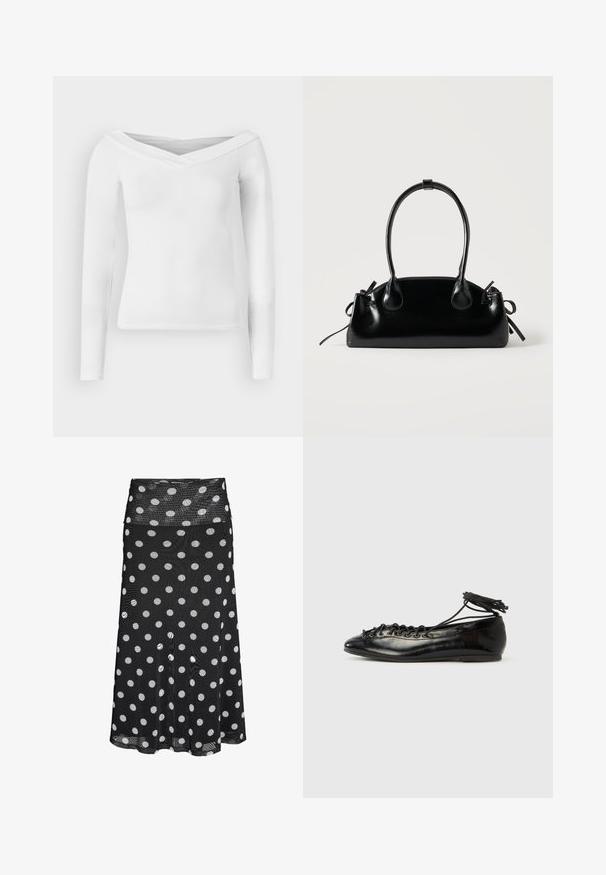 Camiseta blanca de manga larga con escote en forma de V y diseño ajustado, con hombros descubiertos, sobre un fondo blanco.; Falda midi negra con lunares blancos y una cinturilla ancha hecha de tela de malla.; Zapatos planos tipo ballet de charol negro con punta redondeada, diseño con cordones y suela plana. Textura lisa con detalles mínimos.; Pequeño bolso negro brillante con dos asas largas y detalles de cordón lateral sobre un fondo claro liso.