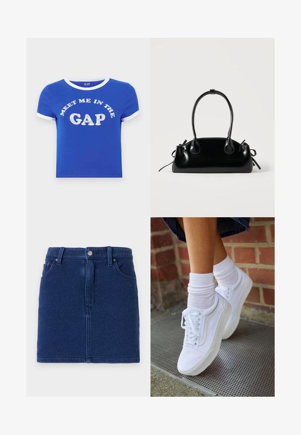 T-shirt en coton bleu avec un col rond et des poignets de manches blancs. Présente un texte à l'avant disant "RENCONTRE MOI DANS LE DÉCALAGE" en impression blanche vieillie.; Jupe en denim bleu profond au design ajusté, fermeture par boutons à l'avant et deux poches sur les côtés. Présente des coutures visibles et un ourlet droit.; Baskets en toile blanches avec semelles en caoutchouc, dotées de six œillets, d'un bout rond et de détails de couture légers, portées avec des chaussettes blanches mi-mollet.; Petit sac à main noir brillant avec deux longues anses et des détails à cordon sur les côtés sur un fond clair uni.