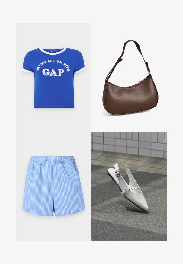 T-shirt en coton bleu avec un col rond et des poignets de manches blancs. Présente un texte à l'avant disant "RENCONTRE MOI DANS LE DÉCALAGE" en impression blanche vieillie.; Shorts bleu ciel avec des rayures verticales blanches, taille élastique, longueur mi-cuisse et texture en coton lisse.; Chaussure plate slingback blanche pointue avec deux boucles argentées, présentée en extérieur sur un sol texturé et un mur carrelé en arrière-plan.; Petit sac bandoulière en cuir marron avec sangle réglable et fermeture éclair, présenté sur fond blanc. Aucun logo ou décoration visible.
