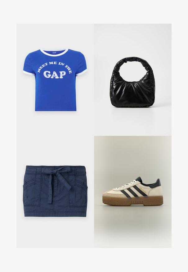T-shirt en coton bleu avec un col rond et des poignets de manches blancs. Présente un texte à l'avant disant "RENCONTRE MOI DANS LE DÉCALAGE" en impression blanche vieillie.; Mini-jupe bleu marine avec grandes poches avant et ceinture en tissu nouée à la taille, en coton texturé.; Baskets blanches Adidas avec bandes noires, bout en daim beige, semelle marron et "SPEZIAL" en lettres dorées sur le côté.; Sac à main noir rembourré avec une poignée arrondie, présentant une surface lisse et brillante ainsi qu'une texture douce et matelassée. Pas de quincaillerie ou d'accents visibles.
