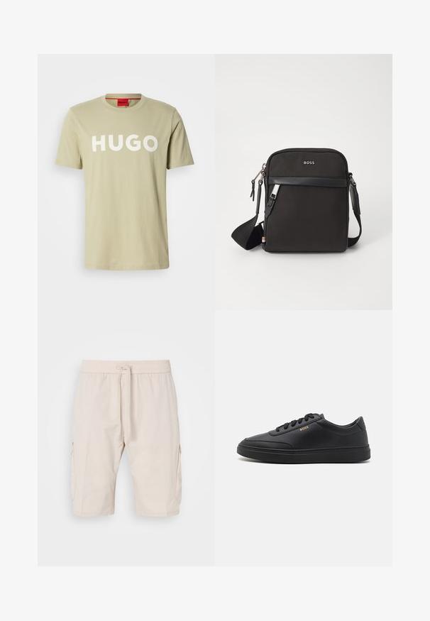 Camiseta de algodón color verde oliva con cuello redondo y un atrevido logo blanco "HUGO" en el frente. Mangas cortas, sin patrones o acentos visibles.; Pantalones cortos cargo beige con cinturilla elástica y cordón, que cuentan con dos bolsillos laterales y una tela suave y ligera.; Zapatillas de cuero negro con una textura suave, punta redondeada, suela plana de goma y cordones a tono. Presentan el logotipo dorado "BOSS" en el lateral.; Bolso bandolero negro con un tejido texturizado, logo en la parte frontal, cierre de cremallera y correa ajustable. Presenta un ribete de cuero suave.