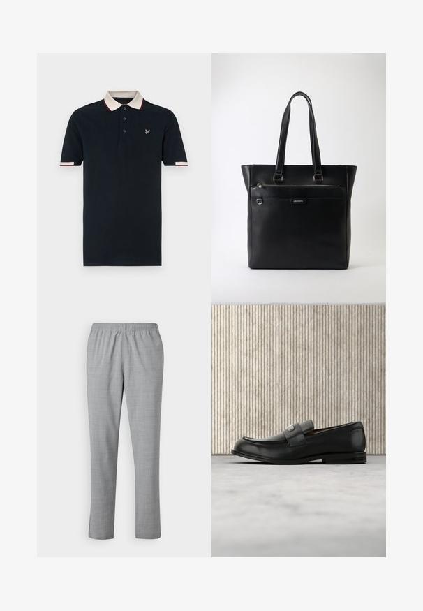 Navy polo shirt met een contrasterende crème en bordeauxkleurige kraag, een drie-knopen placket en geborduurd logo op de borst; korte mouwen.; Grijze, lichte broek met een gladde textuur, elastische tailleband en rechte pijpen. Bevat een subtiel, fijn patroon door het geheel.; Zwarte leren loafer met een metalen merktekenplaatje, rustend bij een bruine ronde tafel op een beige tapijtvloer.; Zwart getextureerde leren tote bag met twee handvatten, voorvak met ritssluiting, metalen ring en Lacoste-logo op een witte achtergrond.