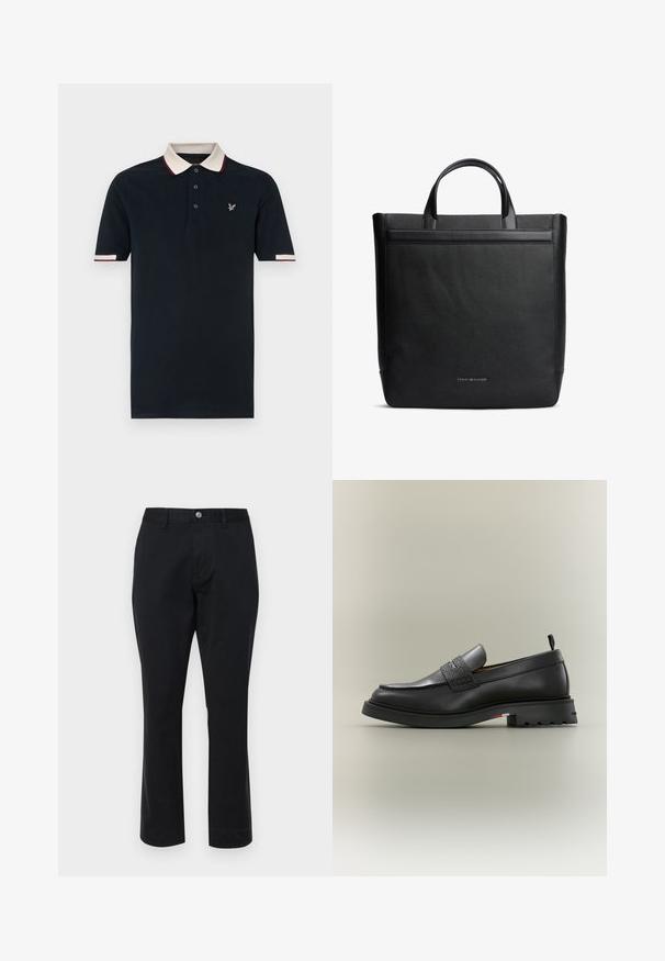 Navy polo shirt met een contrasterende crème en bordeauxkleurige kraag, een drie-knopen placket en geborduurd logo op de borst; korte mouwen.; Zwarte katoenen broeken met een rechte pasvorm. Voorzien van een knoopsluiting en zijzakken. Glad textuur zonder zichtbare patronen.; Zwarte leren loafer met een gestructureerd banddetail, een stevige zool, een treklipje bij de hiel en een subtiele gekleurde streep aan de zijkant van de zool.; Zwarte leren tote tas met korte handvatten en klein Tommy Hilfiger-logo gecentreerd nabij de onderkant aan de voorkant.