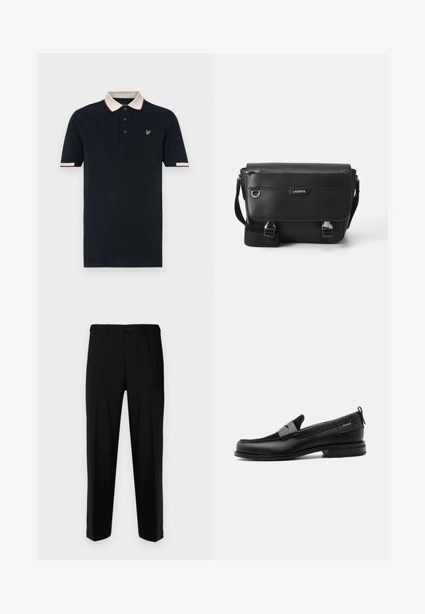 Navy-Polohemd mit kontrastierendem cremefarbenem und kastanienbraunem Kragen, Dreiknopfleiste und gesticktem Logo auf der Brust; Kurzarm.; Schwarze Hosen aus glattem Stoff, mit geradem Schnitt, zwei vorderen Taschen und einem Reißverschluss mit Knopfverschluss.; Schwarzer Lederloafer mit grauem Riemendetail, niedrigem Absatz und strukturierter Sohle, seitlich mit „HUGO“ in Gold gebrandmarkt.; Schwarze, strukturierte Lacoste-Umhängetasche mit verstellbarem Tragegurt, Frontklappe, Reißverschlusstasche und Metallschnallen.