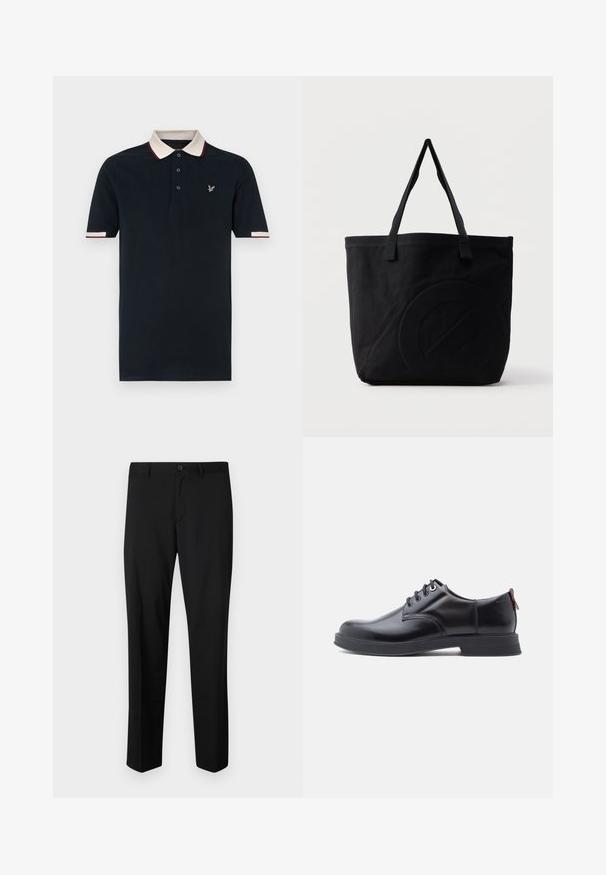 Navy-Polohemd mit kontrastierendem cremefarbenem und kastanienbraunem Kragen, Dreiknopfleiste und gesticktem Logo auf der Brust; Kurzarm.; Schwarze maßgeschneiderte Hose mit flachem Frontschnitt, normaler Taille und geraden Beinen. Hergestellt aus glattem Material, mit einem einzelnen Knopfverschluss.; Schwarze Leder-Schnürschuhe mit glatter Textur, rundem Zehenbereich und dezenten Ziernähten. Mit einem roten Laschenband an der Ferse.; Schwarze Canvas-Shopper-Tasche mit zwei Schulterriemen und einem dezenten, eingeprägten kreisförmigen Design auf der Vorderseite.