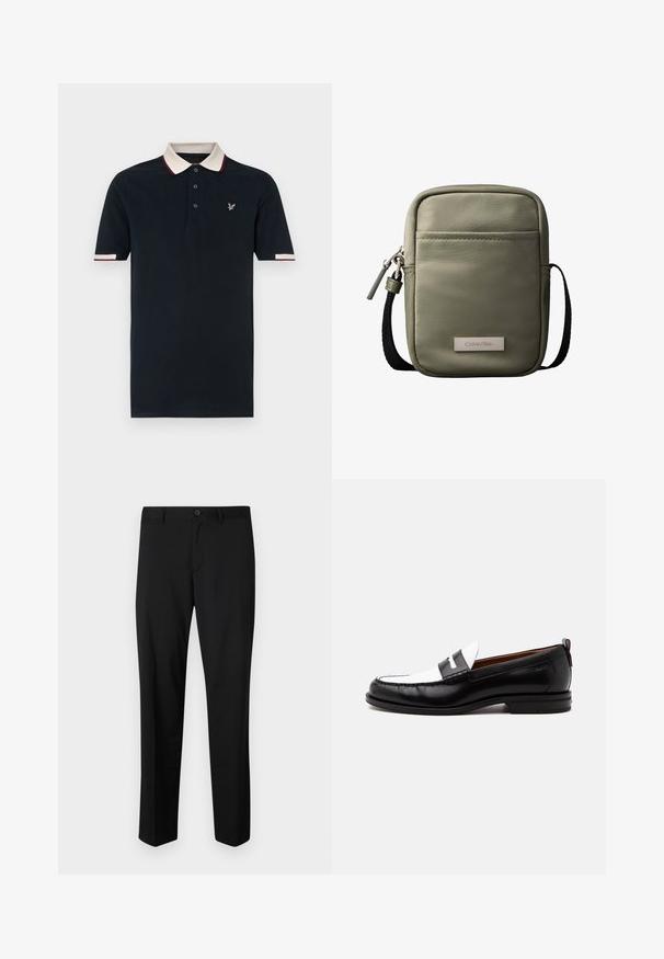 Navy-Polohemd mit kontrastierendem cremefarbenem und kastanienbraunem Kragen, Dreiknopfleiste und gesticktem Logo auf der Brust; Kurzarm.; Schwarze maßgeschneiderte Hose mit flachem Frontschnitt, normaler Taille und geraden Beinen. Hergestellt aus glattem Material, mit einem einzelnen Knopfverschluss.; Schwarz-weißer Lederloafer mit genähten Details, niedrigem Absatz und einem Slip-On-Design, seitlich auf neutralem Hintergrund gezeigt.; Kompakte olivgrüne Umhängetasche mit Vordertasche, schwarzem verstellbarem Riemen, Reißverschluss und Calvin Klein Logo-Plakette.