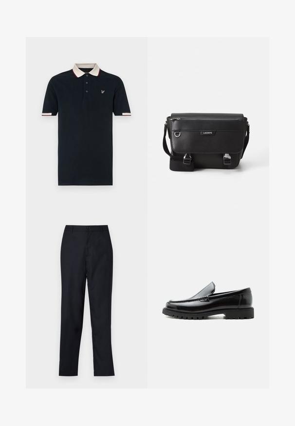 Navy-Polohemd mit kontrastierendem cremefarbenem und kastanienbraunem Kragen, Dreiknopfleiste und gesticktem Logo auf der Brust; Kurzarm.; Marineblaue Hose aus glattem Stoff, mit geradem Beinschnitt, einem einzigen Knopfverschluss und dezenten vorderen Falten.; Schwarzer Lederloafer mit grober Gummisohle, genähter Oberseite und geprägtem Markennamen an der Ferse, seitlich auf weißem Hintergrund gezeigt.; Schwarze, strukturierte Lacoste-Umhängetasche mit verstellbarem Tragegurt, Frontklappe, Reißverschlusstasche und Metallschnallen.