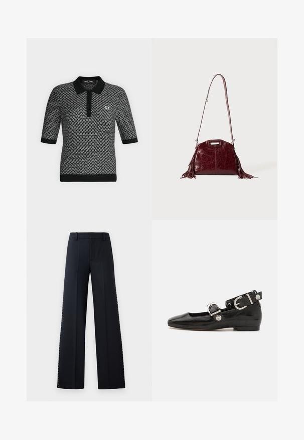 Polo manches courtes à motif chevron noir et gris avec col, poignets, ourlet noirs et petit logo brodé sur le côté gauche de la poitrine.; Pantalons larges en noir. Coupe ajustée avec une texture lisse. Présente une rangée de clous métalliques le long des coutures latérales pour le détail.; Ballerine en cuir verni noir avec un bout carré, sangle de cheville avec des détails en métal argenté et semelle plate. Texture lisse avec un design minimaliste.; Sac à bandoulière en cuir rouge foncé avec des détails à franges et une bandoulière réglable avec boucle argentée sur un fond clair uni.