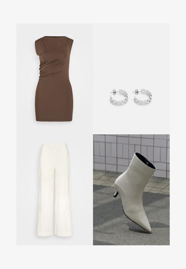 Bruine, mouwloze jurk met een getailleerde pasvorm. Kenmerkt zich door zijruche en een gladde, elastische stof. Eenvoudige rondhalslijn, lengte boven de knie.; Sofie Schnoor TROUSERS - Broek - cream; Gebroken-witte leren enkellaars met spitse neus en lage kittenheel, rustend op straatstenen tegen een betegelde muur.; Zilveren oorringen met een geometrisch ontwerp van in elkaar grijpende rechthoekige schakels, gepolijste afwerking en een steker sluiting.