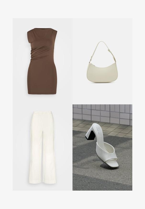 Bruine, mouwloze jurk met een getailleerde pasvorm. Kenmerkt zich door zijruche en een gladde, elastische stof. Eenvoudige rondhalslijn, lengte boven de knie.; Sofie Schnoor TROUSERS - Broek - cream; Enkele witte open teen mule met blokhak staand op grijs asfalt tegen een betegelde muur achtergrond.; Pieces PCALUANA SHOULDER BAG - Handtas - birch