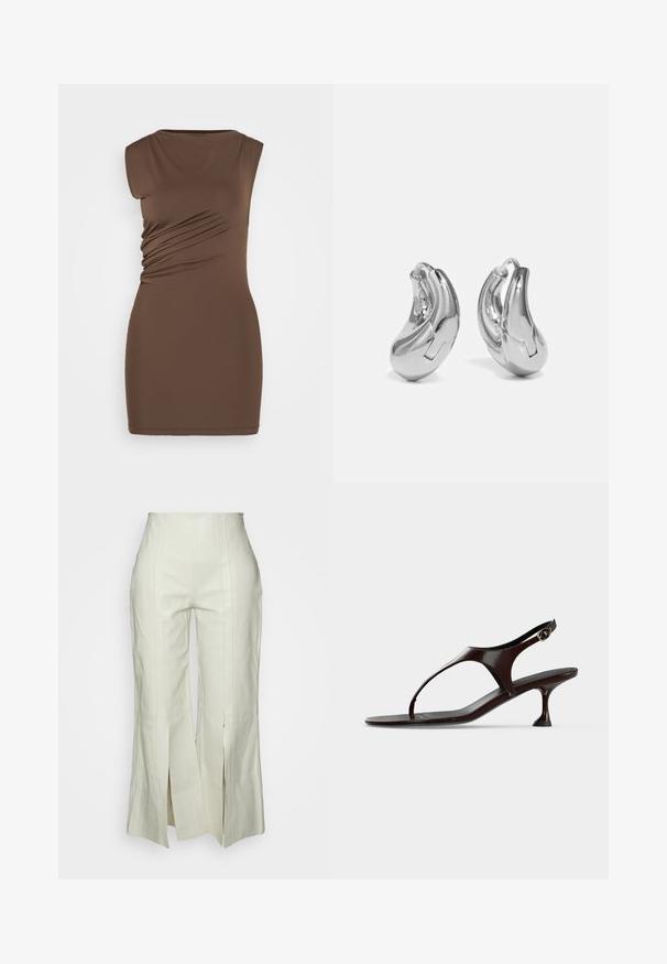 Bruine, mouwloze jurk met een getailleerde pasvorm. Kenmerkt zich door zijruche en een gladde, elastische stof. Eenvoudige rondhalslijn, lengte boven de knie.; By Malene Birger WARRAN - Leren broek - cream snow; Donkerbruine lakleren slingbacksandaal met kittenheel en teenbandje op witte achtergrond.; Zilveren oorringen met een gebogen, glanzende afwerking en een naadloos ontwerp. Voorzien van een scharnier slot voor veilige draagbaarheid.
