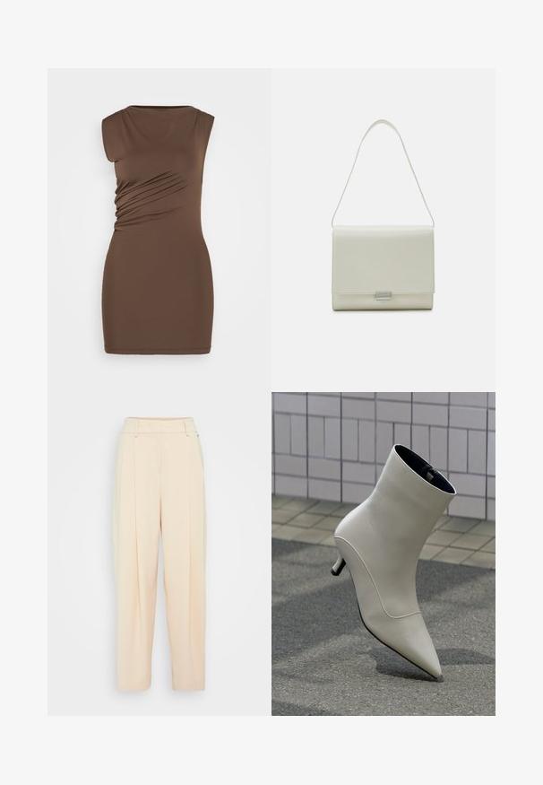 Bruine, mouwloze jurk met een getailleerde pasvorm. Kenmerkt zich door zijruche en een gladde, elastische stof. Eenvoudige rondhalslijn, lengte boven de knie.; Lichtbeige wijde broek met hoge taille, voorzien van twee zijzakken en dubbele plooien voor extra detail. Glad, zacht materiaal.; Gebroken-witte leren enkellaars met spitse neus en lage kittenheel, rustend op straatstenen tegen een betegelde muur.; Calvin Klein ARCHIVE SHOULDER BAG SHINY - Handtas - ecru