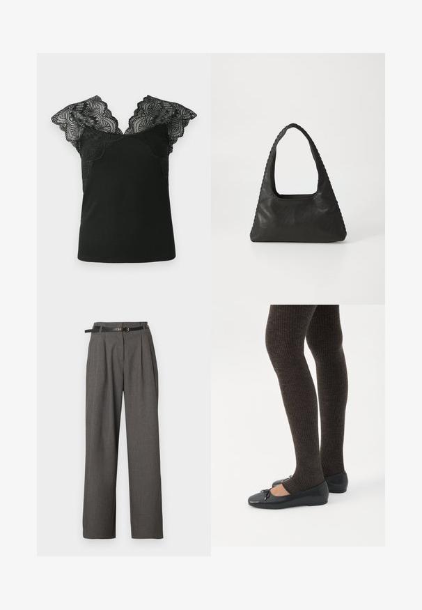 Zwarte tanktop met kanten kapmouwen. De kant heeft een golfrand en een ingewikkeld patroon, wat contrasteert met de ribgebreide stof van het lichaam.; Grijze pantalon met hoge taille, plooien en zijzakken, gestyled met een dunne zwarte riem met een ronde gouden gesp.; Benen met donkere geribbelde leggings gecombineerd met zwarte ballerina's met kleine strikdetails op een witte achtergrond.; Zwart leren handtas met een triangulaire vorm, een grote uitsparingshandgreep en gedetailleerde stiksels langs de randen. Glad textuur.