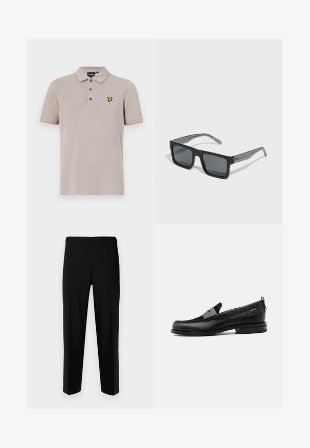Polo de color gris claro con cuello, tres botones y acentos rosas en las mangas. Presenta un logo amarillo en el pecho. Material de algodón.; Pantalones negros de tela suave, con corte recto, dos bolsillos frontales y cremallera con cierre de botón.; Mocasín de cuero negro con detalle de tira gris, tacón bajo y suela texturizada, con la marca "HUGO" en oro en el lateral.; HUGO Gafas de sol - black