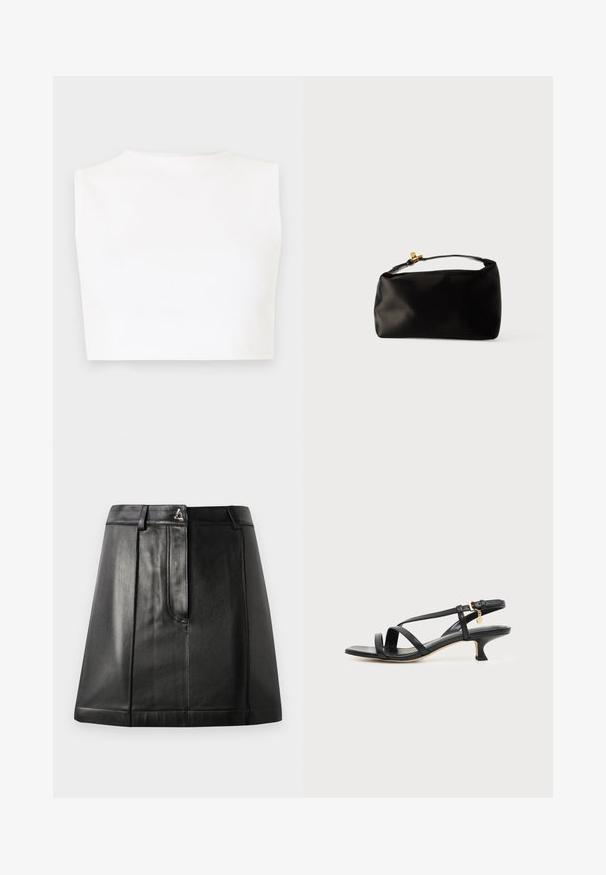Λευκό crop top χωρίς μανίκια με ψηλό λαιμό, κατασκευασμένο από λείο ύφασμα, με εφαρμοστή γραμμή και καθαρές άκρες.; Μαύρη δερμάτινη φούστα με δομημένο σχήμα, διαθέτει μπροστινή τσέπη και μεταλλική λεπτομέρεια στη μέση. Λείος υφασμάτινος χαρακτήρας και ραφές.; Μαύρο δερμάτινο σανδάλι με χαμηλό τακούνι, αγκράφα στον αστράγαλο και μικρό χρυσό διακοσμητικό σε απλό φωτεινό φόντο.; Μαύρη σατέν τσάντα με στρογγυλό σχήμα, χειρολαβή στην κορυφή και χρυσό κούμπωμα. Λείο υλικό με μινιμαλιστικό σχέδιο.