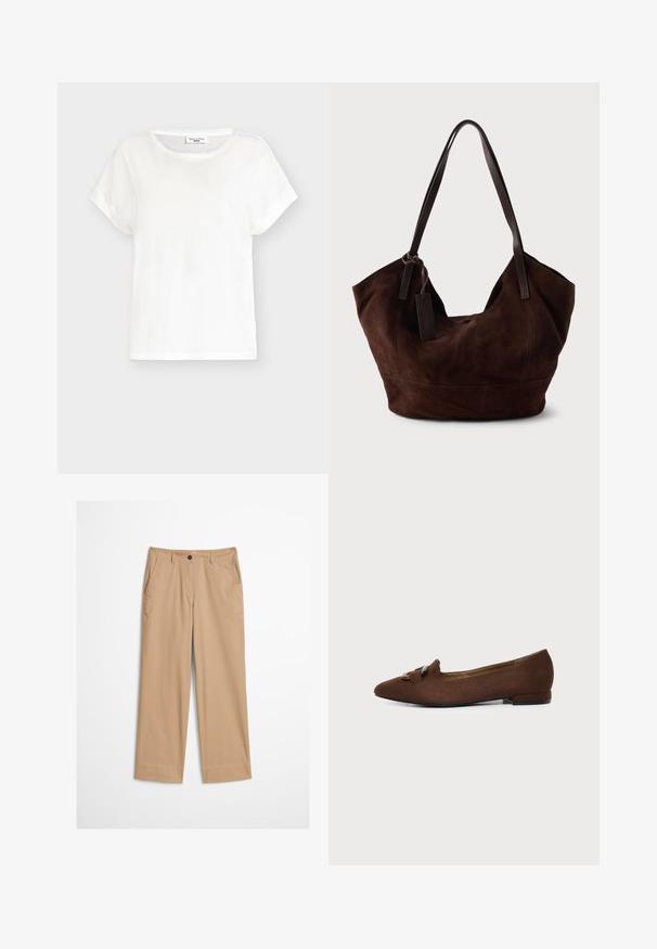 T-shirt blanc à manches courtes avec col rond, coupe décontractée et manches légèrement retroussées, présenté sur un fond gris clair.; Pantalon beige en coton avec jambes droites, fermeture à bouton sur le devant et texture lisse. Comprend des passants de ceinture standard et un design à l'avant plat.; Chaussure plate marron à bout pointu avec détail décoratif de boucle sur le dessus, sur fond clair uni.; Handbag en cuir suédé marron avec une forme douce et souple. Doté de poignées en cuir et d'une étiquette décorative. Texture plain avec des coutures courbes.