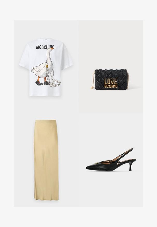 T-shirt en coton blanc arborant un dessin imprimé d'une oie cartoon portant des chaussures noires et un collier de perles, avec le texte "MOSCHINO" au-dessus du motif.; Jupe droite beige, taille haute, longueur cheville, avec une texture lisse et sans motifs ni ornements visibles.; Chaussure slingback en cuir noir à bout pointu, petit talon kitten et détail boucle dorée à l'avant.; Sac bandoulière matelassé noir avec bandoulière chaîne dorée et grand logo doré "LOVE MOSCHINO" sur le devant.