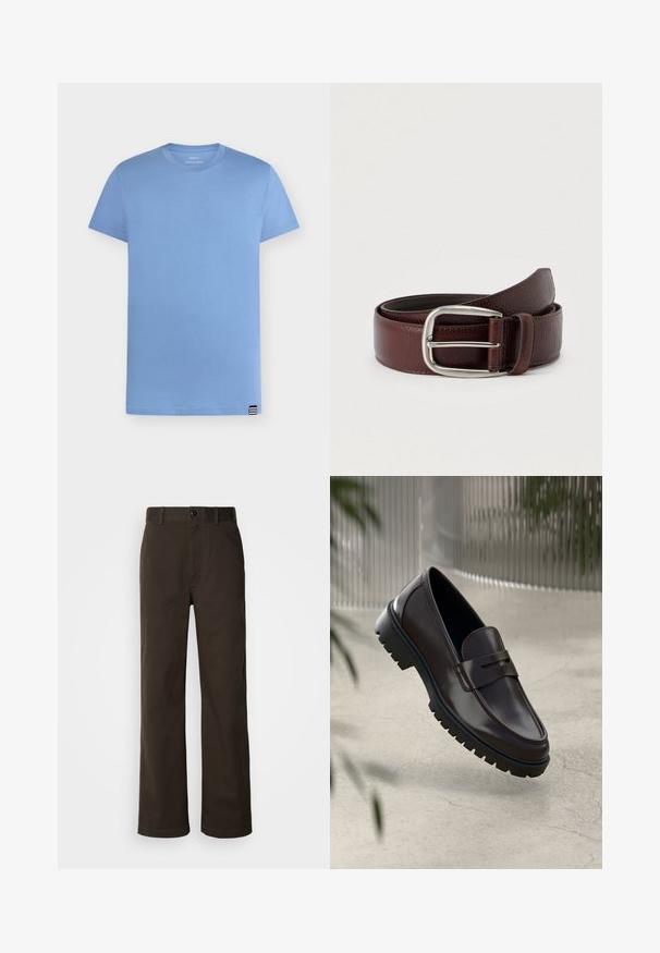 T-shirt bleu clair à manches courtes et col rond avec une petite étiquette rayée noire et blanche en bas de l'ourlet sur fond blanc.; Pantalons en coton marron avec une coupe droite, dotés d'une fermeture à bouton, de passants de ceinture et de détails de couture minimalistes.; Mocassins en cuir marron avec une semelle en caoutchouc texturée et striée. Présente un design épuré et une sangle décorative sur le cou-de-pied.; Ceinture en cuir marron avec une finition texturée, dotée d'une boucle en métal argenté et d'une seule boucle de réglage. Motif tissé près de la boucle.