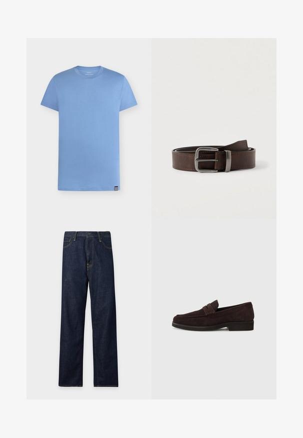 T-shirt bleu clair à manches courtes et col rond avec une petite étiquette rayée noire et blanche en bas de l'ourlet sur fond blanc.; Jean en denim bleu foncé à coupe droite avec cinq poches et surpiqûres jaunes visibles sur un fond blanc uni.; Mocassins en daim marron avec une silhouette basse et un embout arrondi. Présentent une sangle décorative sur le dessus, une semelle en caoutchouc plate et sans couture visible.; Ceinture en cuir marron foncé avec une boucle rectangulaire en argent, enroulée et placée sur un fond clair et neutre.