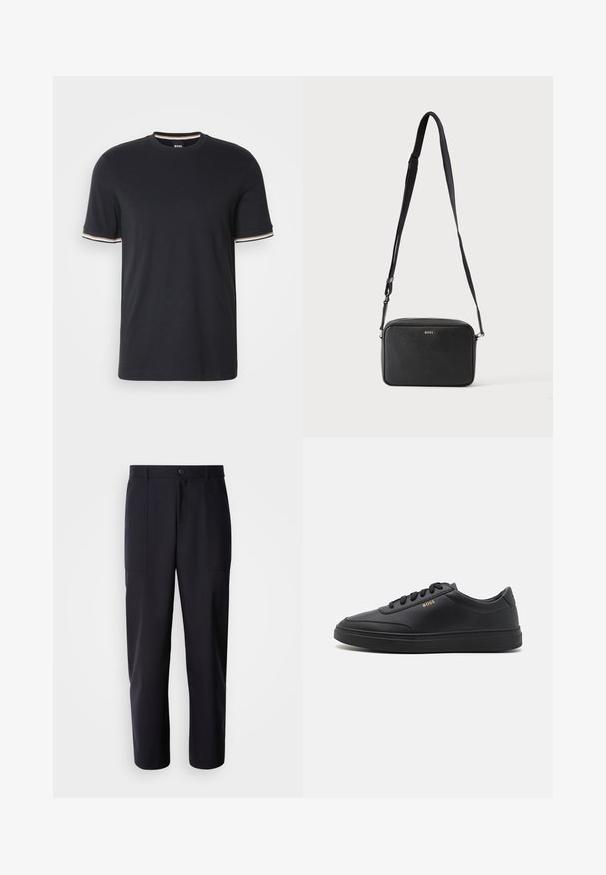 T-shirt en coton noir avec un col rond, des manches courtes et des accents rayés en blanc, orange et bleu au niveau des poignets.; Pantalons bleu marine foncé en tissu lisse, présentant une coupe droite, deux poches latérales et une fermeture à bouton à la taille.; Baskets en cuir noir avec une texture lisse, bout rond, semelle en caoutchouc plate et lacets ton sur ton. Présente une marque "BOSS" dorée sur le côté.; Sac bandoulière rectangulaire noir avec sangle réglable et logo BOSS sur le devant, sur un fond clair uni.
