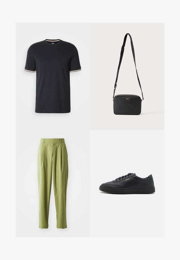 Schwarzes Baumwoll-T-Shirt mit Rundhalsausschnitt und kurzen Ärmeln, die an den Bündchen mit gestreiften Akzenten in Weiß, Orange und Blau versehen sind.; Hellgrüne Hose aus einem strukturierten Stoff, mit geradem Schnitt, Falten an der Vorderseite und einem normalen Bund.; Schwarze Leder-Sneaker mit glatter Textur, runder Zehenpartie, flacher Gummisohle und einfarbigen Schnürsenkeln. Mit goldfarbenem "BOSS" Logo an der Seite.; Schwarze rechteckige Umhängetasche mit verstellbarem Riemen und BOSS-Logo auf der Vorderseite, vor einem einfarbigen hellen Hintergrund.