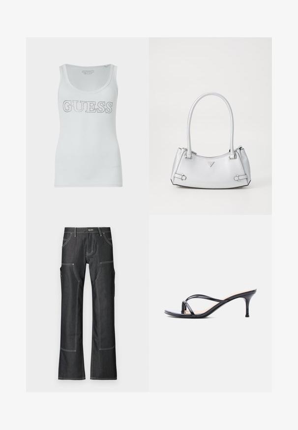Top sin mangas blanco con textura acanalada y un escote redondeado, que presenta un logo en glitter plateado "GUESS" en el pecho. Tejido suave y elástico.; Pantalones cargo de denim oscuro con costuras en contraste blancas, que cuentan con múltiples bolsillos y un diseño de pierna acampanada. Tejido duradero y cierre de botón de metal.; Sandalia de tacón de charol negro con tiras finas cruzadas y un tacón de aguja delgado de altura media, sobre un fondo blanco.; Bolso de mano plateado con un diseño estructurado, que cuenta con dos asas, textura brillante, herrajes de acento y un logo triangular en la parte frontal.