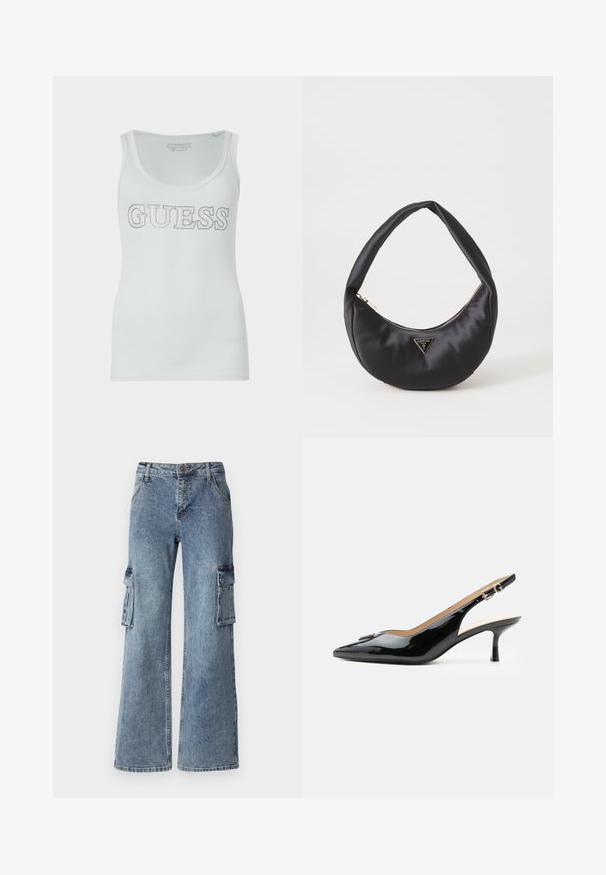 Top sin mangas blanco con textura acanalada y un escote redondeado, que presenta un logo en glitter plateado "GUESS" en el pecho. Tejido suave y elástico.; Pantalones cargo de denim azul de pierna ancha con bolsillos laterales, cierre de botón y trabillas para cinturón. La tela tiene un lavado claro con un desvanecimiento sutil.; Tacón slingback de charol negro con puntera puntiaguda, tacón pequeño tipo kitten y correa con hebilla plateada sobre un fondo blanco liso.; Bolso de satén negro con forma curva, que cuenta con un cierre de cremallera y un logo triangular en metal en la parte delantera. Textura suave y diseño elegante.