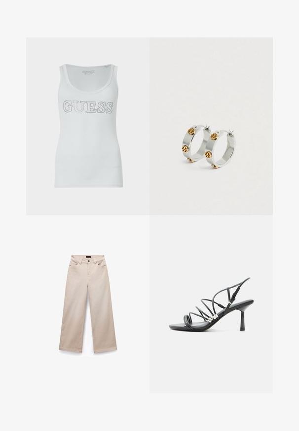 Witte geribbelde tanktop met een ronde halslijn en een zilveren glitter "GUESS" logo over de borst. Zacht, rekbaar materiaal.; Beige wijde broek van katoen met een gladde textuur. Beschikt over vijf zakken, riemlussen en zilverkleurige hardware aan de voorkant.; Zwarte high-heel sandaal met dunne gebogen bandjes, zilveren accenten en een verstelbare enkelgesp op een witte achtergrond.; Zilveren hoepel oorbellen met goudkleurige ronde accenten en een uitgesneden patroon, met een gepolijste afwerking en een stijlvolle, moderne uitstraling.