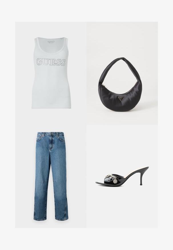 Top sin mangas blanco con textura acanalada y un escote redondeado, que presenta un logo en glitter plateado "GUESS" en el pecho. Tejido suave y elástico.; Jeans de denim de color azul claro con corte recto, con bolsillos cosidos, cierre de botón en el frente y un desvanecimiento mínimo en la tela.; Mule de charol negro de tacón alto con punta abierta y adornos decorativos plateados, incluyendo una flor y un candado en la tira delantera.; Bolso de satén negro con forma curva, que cuenta con un cierre de cremallera y un logo triangular en metal en la parte delantera. Textura suave y diseño elegante.