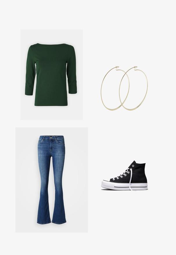 Top de color verde oscuro, de manga larga y con escote barco. Textura suave, diseño ajustado y mangas de longitud media. Sin patrones ni acentos visibles.; Jeans de mezclilla azul con cintura alta, piernas delanteras desgastadas y estilo de pierna acampanada, cuentan con bolsillos delanteros y traseros y un cierre de botón.; Zapatilla alta de lona negra con suela de goma blanca y cordones blancos, vista de lado sobre un fondo blanco.; Pilgrim Pendientes - gold-coloured