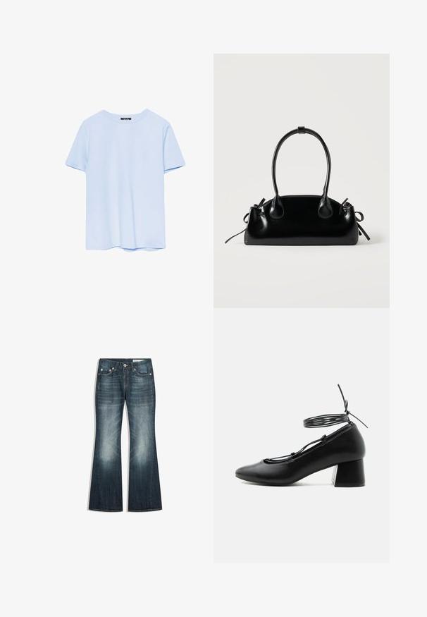 T-shirt à manches courtes bleu clair avec col rond, au design simple et épuré, présenté sur un fond blanc.; Jean bootcut bleu marine avec des zones décolorées sur les cuisses et les genoux, design à cinq poches et fermeture par bouton métallique.; Chaussure en cuir noir à talon moyen, bout pointu, brides croisées et lien de cheville autour sur fond blanc.; Petit sac à main noir brillant avec deux longues anses et des détails à cordon sur les côtés sur un fond clair uni.